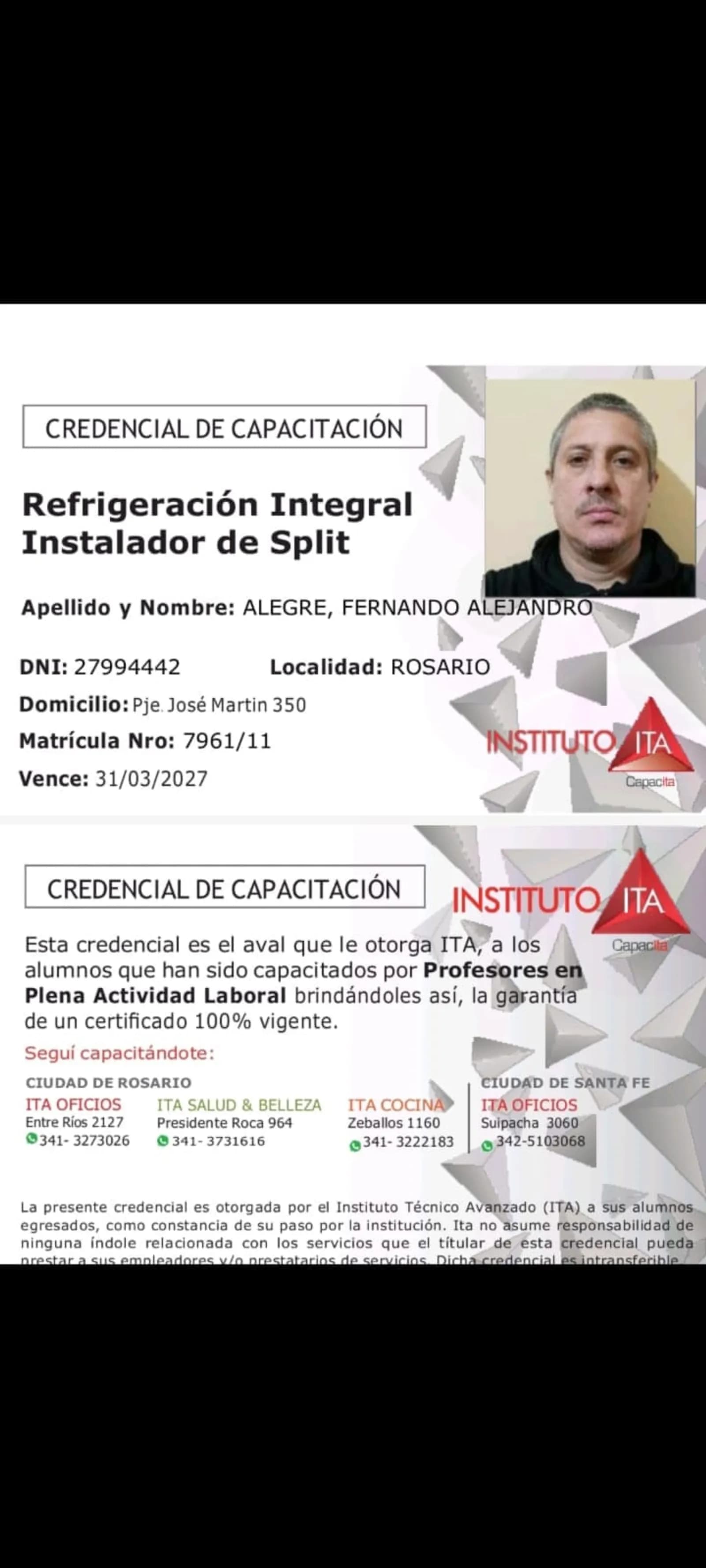 Certificado de fernandò Alejandro: Matrícula técnico refrigeración 7961/11