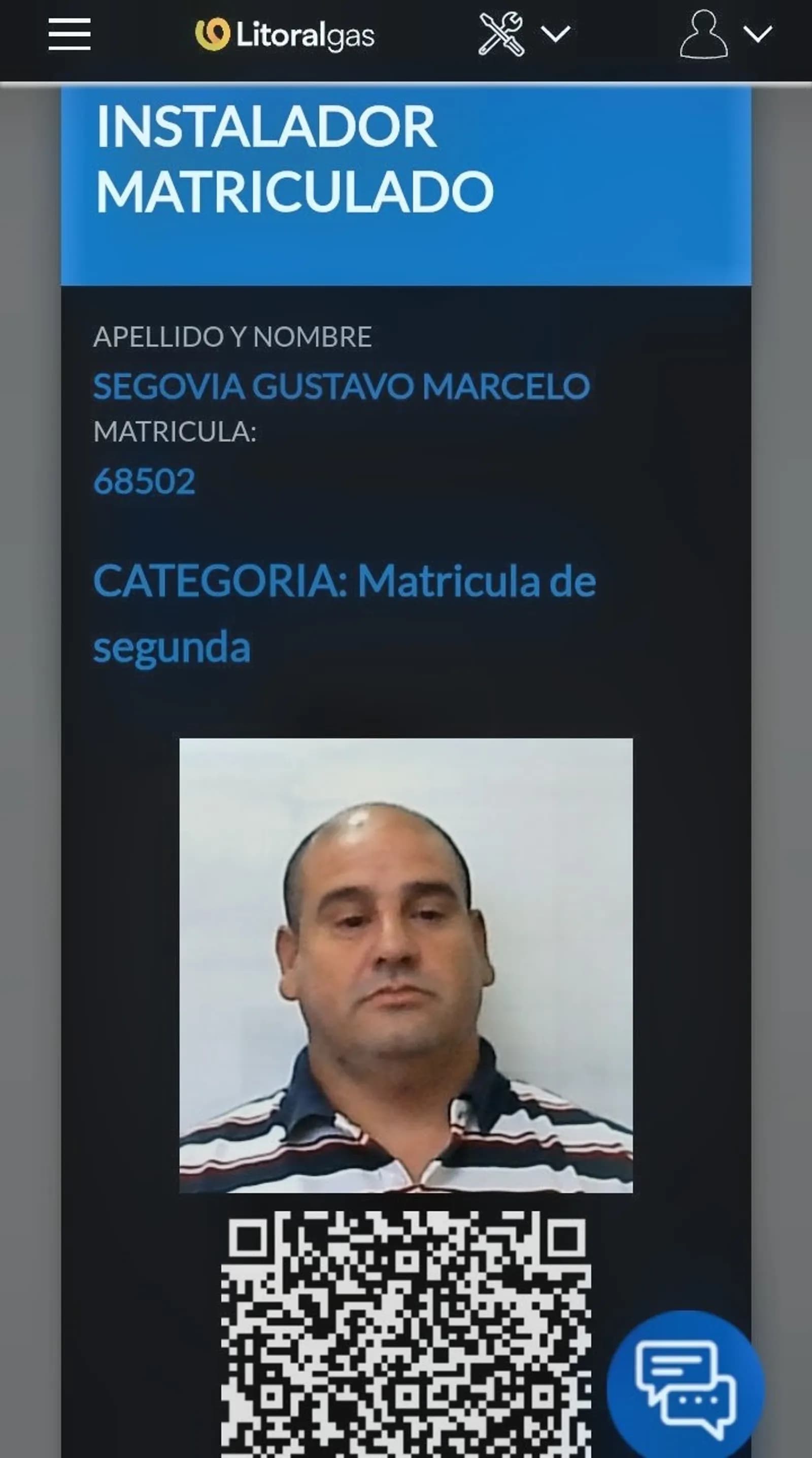 Certificado de Gustavo Segovia: Matrícula de gas mat 68502
