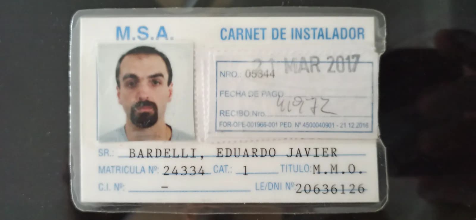 Certificado de Eduardo: Matricula gasista Cat.1º